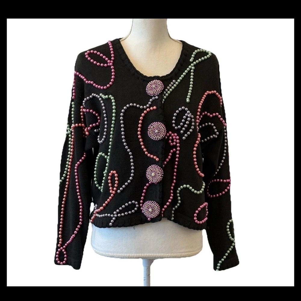 Vtg 80s 90s M.y. Black Knit Costume Pearl Cardigan Sweater Size Medium Fun Funky